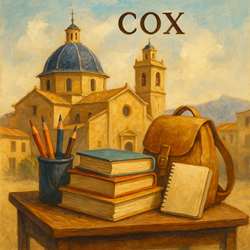 Schoolkinderen en onderwijsgebouw in Cox