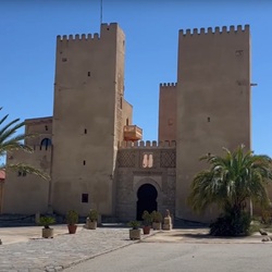 Modernere straat in San Miguel met huizen en palmen