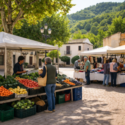 Kleine weekmarkt in Agres bij Plaza de España in het bergdorp