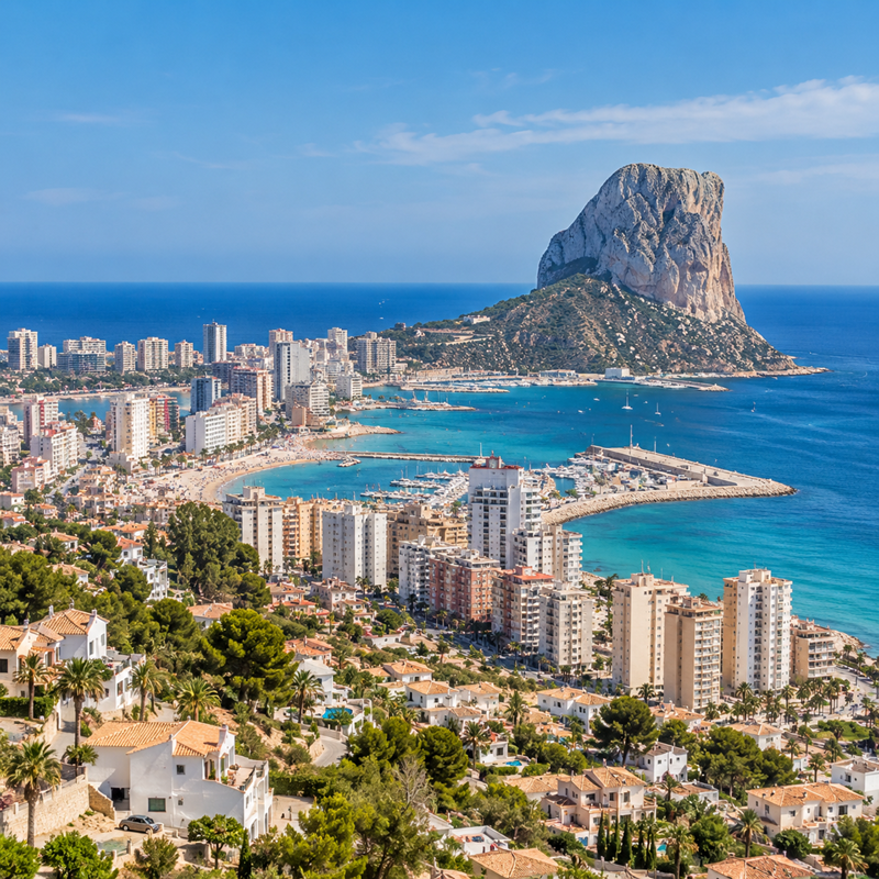 Uitzicht over Calpe met de bebouwing, kust en Peñón de Ifach