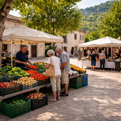 Kleine weekmarkt in Murla op Plaza Mayor in de Vall de Pop