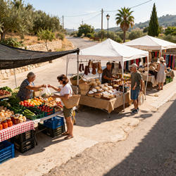 Kleine weekmarkt in Senija bij het dorpsplein in de Marina Alta