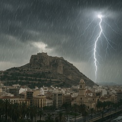 Onweer boven stad Alicante
