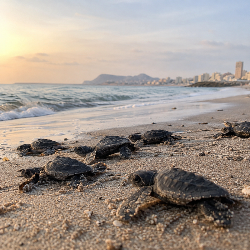 Jonge zeeschildpadden op het strand van El Campello