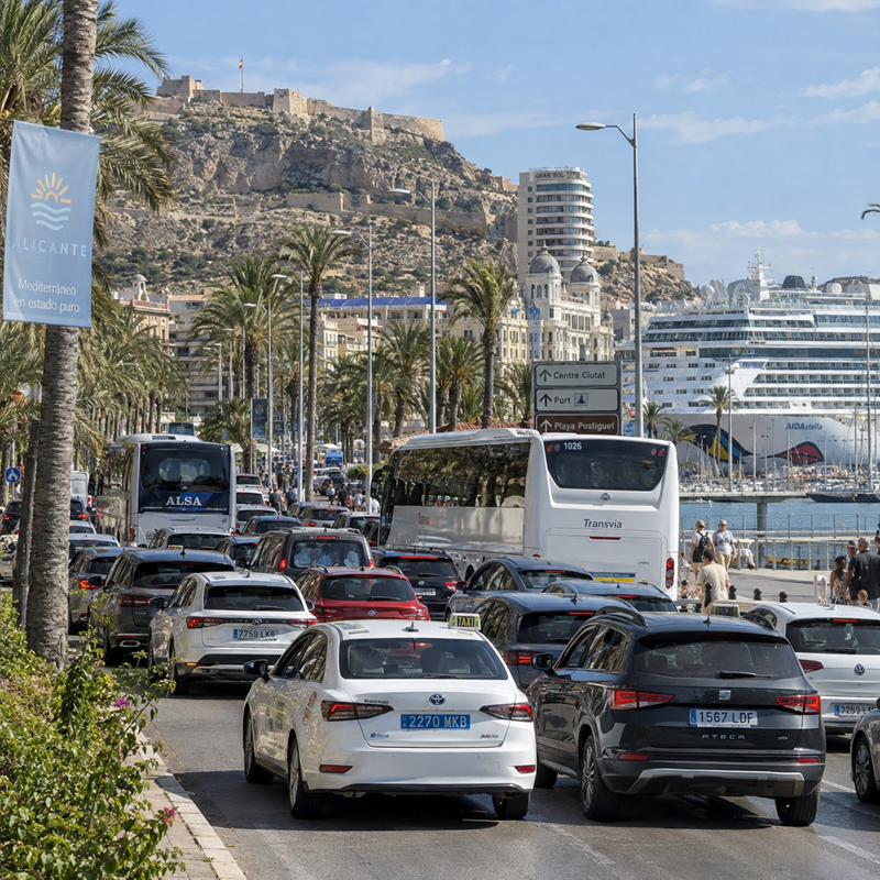 Druk verkeer in Alicante tijdens een weekend met cruiseschepen en evenementen