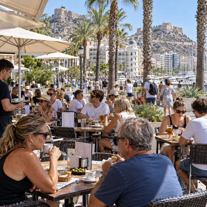 Terras van de horeca in Alicante met toeristen