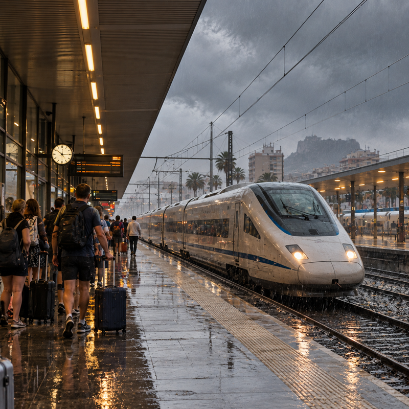 Euromed-trein bij station Alicante tijdens verstoring door noodweer